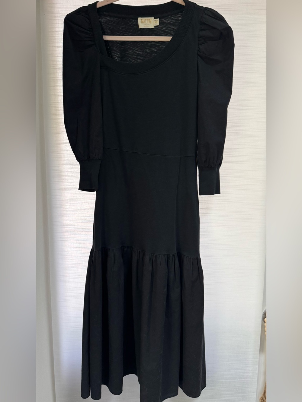 Nation LTD Catalina Asymmetrical Neckline Black Puff-Sleeve Midi Dress XS - Picture 2 of 7